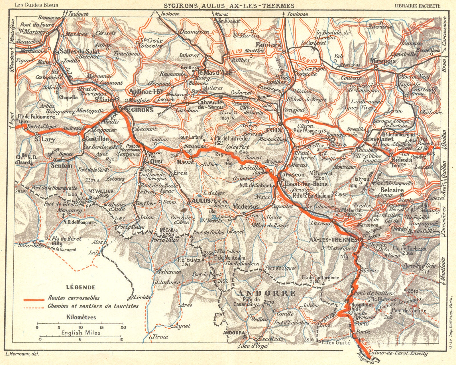 ARIEGE. St Girons, Aulus, Ax-les-Thermes 1926 old vintage map plan chart
